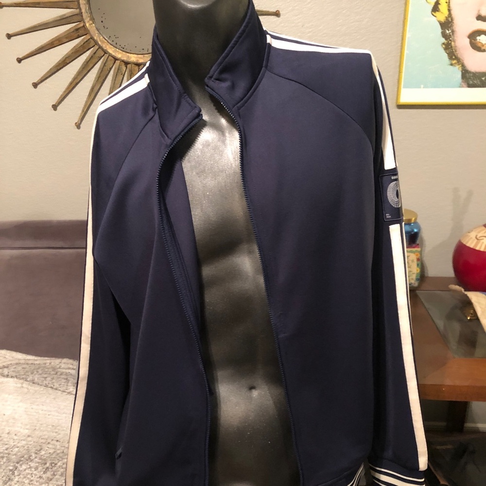 Ovadia & Sons track jacket in navy with white stripe detailing on sleeves